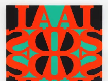 Abstract graphic with large orange letters and numbers on black and teal background