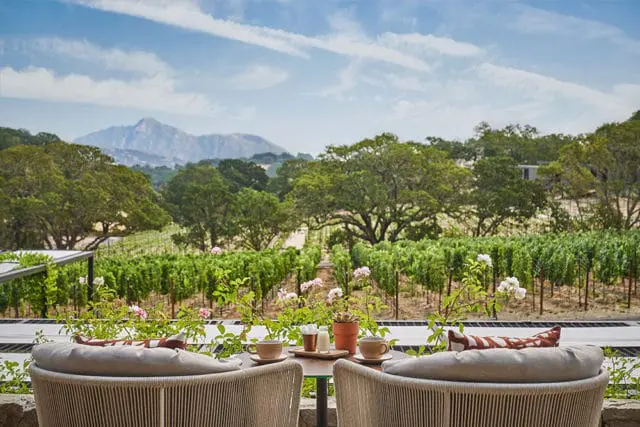Wicker chairs on patio overlooking vineyard with mountains in background
