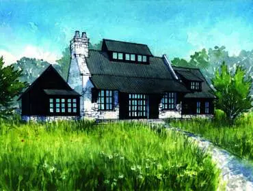 Watercolor rendering of a modern house with stone and dark wood exterior, metal roof, and large