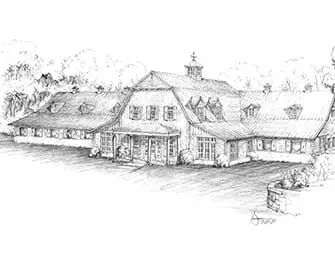 Sketch of a long, multi-story barn with dormer windows and a cupola.