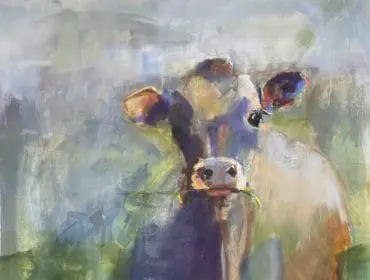 Oil painting of a cow with grass in its mouth, in shades of purple, brown, and green.