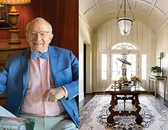 Split image: man in blue blazer and bow tie, and entryway with console table and arched window.