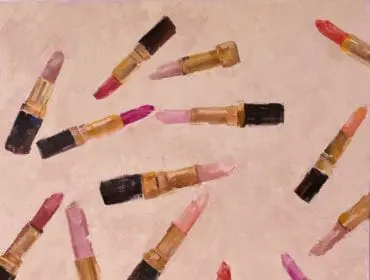 Oil painting of assorted lipsticks in shades of pink, red, and coral on a textured pale pink