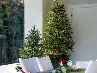 Outdoor dining area with wooden table, wicker chairs, and Christmas trees decorated with lights.