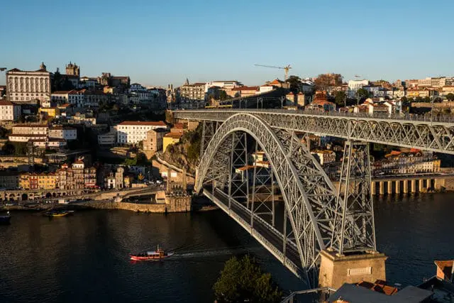 Dom Luís I Bridge over the Douro River with Porto cityscape and a boat