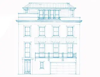 Blueprint sketch of a three-story house with a garage, balconies, and a metal roof.