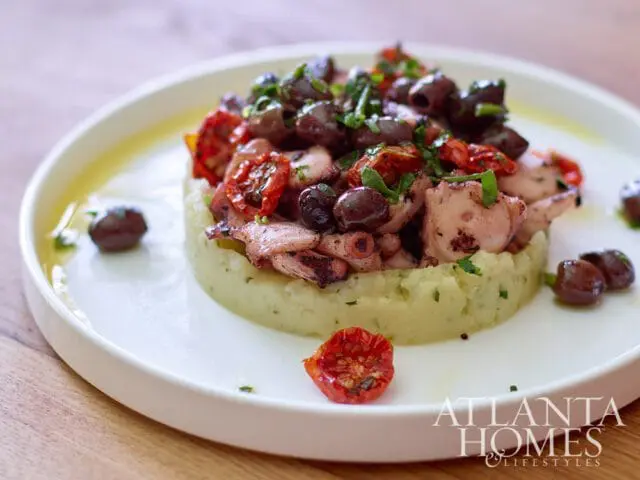 Grilled octopus with olives and sun-dried tomatoes over mashed potatoes, Atlanta Homes & Lifestyles