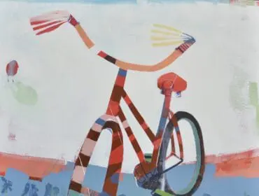 Abstract painting of a bicycle with red and brown stripes, set against a light blue and white