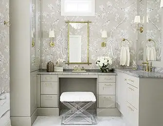 Gray vanity with white upholstered stool, marble countertop, and floral wallpaper. Brass accents.