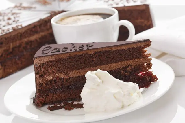 Slice of Sachertorte with whipped cream and coffee