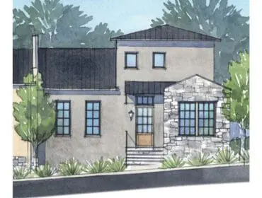 Watercolor rendering of a two-story house with stone accents, dark metal roof, and large windows.