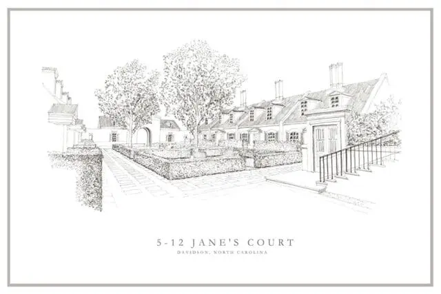 Sketch of 5-12 Jane's Court in Davidson, North Carolina. Features a row of houses with dormer