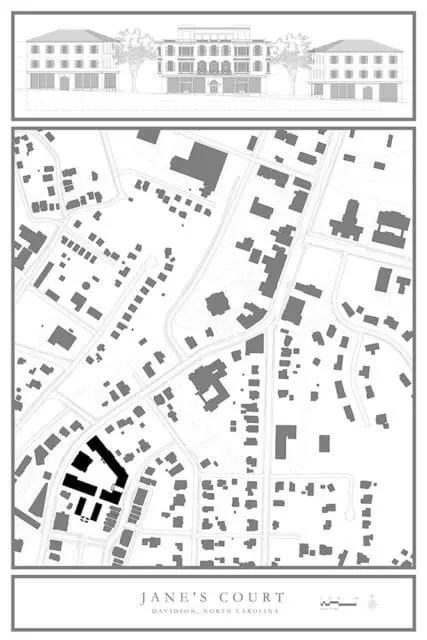 Architectural drawings of buildings and a site plan for Jane's Court, Davidson, North Carolina.