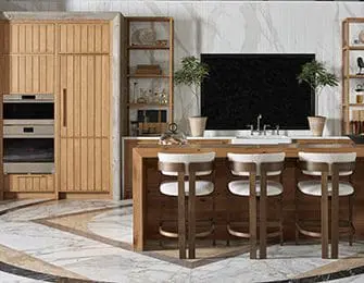 Wood paneled kitchen with marble island, bar stools, and built-in appliances.