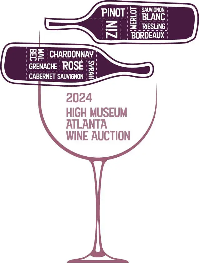 2024 High Museum Atlanta Wine Auction graphic with wine bottle silhouettes listing varietals and a wine glass outline.