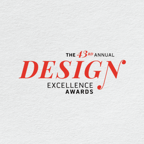 The 43rd Annual Design Excellence Awards logo in red and black text on a textured white background.