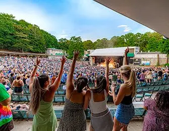 Outdoor amphitheater filled with a large audience, with a stage visible in the distance and trees surrounding the venue. Four women stand in the foreground with their arms raised.