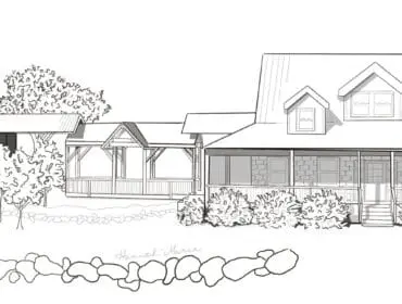 Sketch of a large house with a detached garage, covered porch, and stone accents. A stone path winds through the yard.