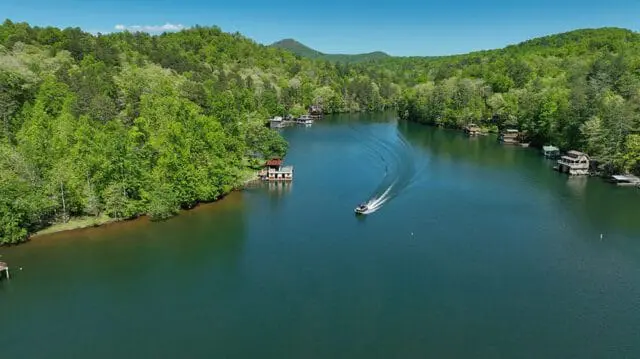 Aerial view of a wide, blue lake surrounded by lush green trees and rolling hills under a clear blue sky. Several houses and docks are visible along the shoreline, and a boat creates a wake as it travels across the water.