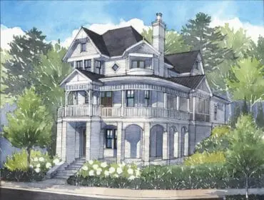 Watercolor rendering of a white Victorian-style house with a wraparound porch and arched entryway.