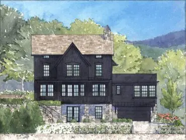 Dark wood house with stone foundation, gabled roof, and multiple windows.