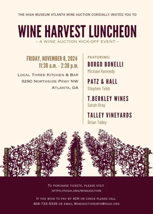Wine Harvest Luncheon invitation for High Museum Atlanta Wine Auction on Nov 8, 2024. Featuring
