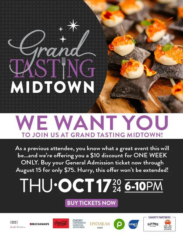 Grand Tasting Midtown event on Thu, Oct 17, 6-10PM. $10 discount on tickets through Aug 15.