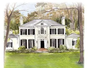 White neoclassical house with black shutters and symmetrical facade, surrounded by trees and lawn.