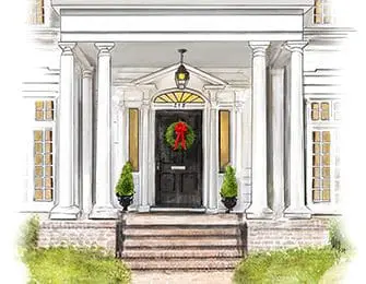 Front entrance of a white house with a black door, wreath, columns, and sidelight windows.