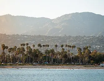 Palm trees line the coast with mountains in the background under a hazy sky.