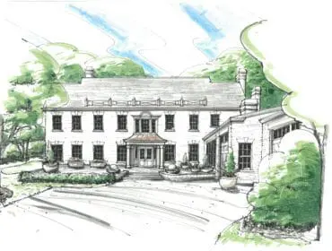 Rendering of a white brick mansion with a symmetrical facade, formal landscaping, and a circular