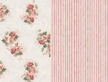 Floral pattern on left, red and white stripes on right