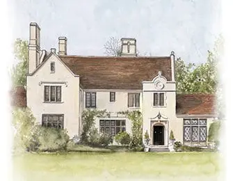 Tudor-style manor house with white stucco exterior, brown tile roof, and manicured lawn.