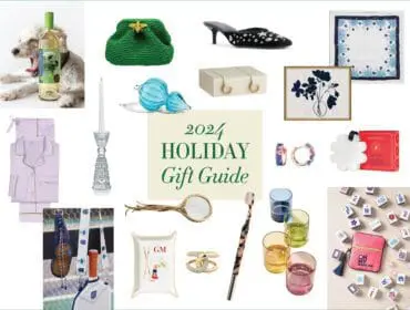 2024 Holiday Gift Guide collage: wine bottle with dog, green clutch, jeweled heels, embroidered