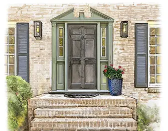 Brick home exterior with a dark wood double door, green trim, shutters, and brick steps.