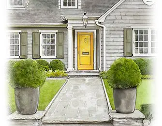 Gray shingle house with yellow front door, flanked by potted boxwoods and a stone walkway.