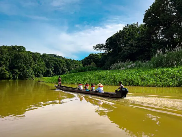 Wooden boat with people on a muddy river, surrounded by lush green jungle and blue sky.