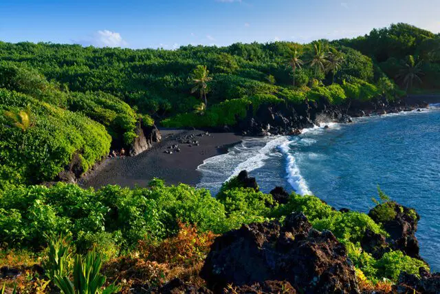 Black sand beach with lush green cliffs and blue ocean waves