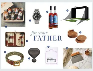 Collage of Father's Day gift ideas including hot sauce, watch, liquor, golf simulator, grooming