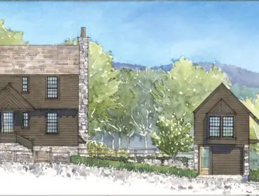 Watercolor rendering of a brown wood-sided house with stone chimney and attached garage.