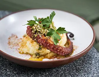 Octopus tentacle served over mashed potatoes with herbs and spices