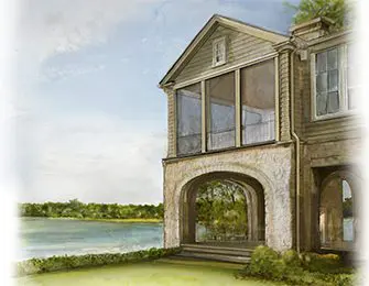 Stone arched entryway and screened porch on house by lake