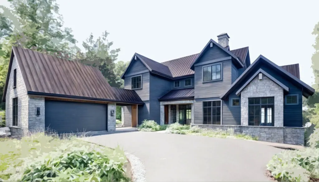 Modern home with dark blue siding, stone accents, and a metal roof. Attached garage with a dark