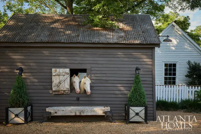 Two white horses peer from a barn window next to a stone trough.