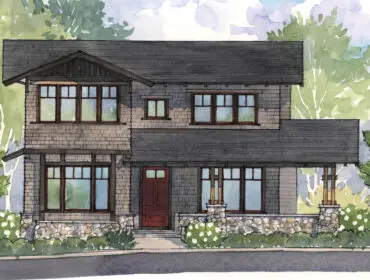 Craftsman-style house rendering with stone foundation, wood shingle siding, and dark roof.
