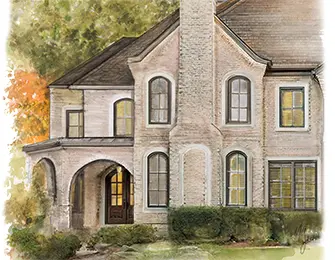 Light-colored brick house with arched entryway, tall windows, and stone chimney.