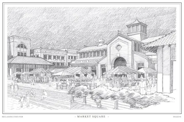 Pencil sketch of Union Pier Market with stalls and people.
