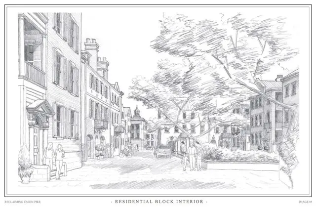 Pencil sketch of a residential block with historic buildings, trees, and people.