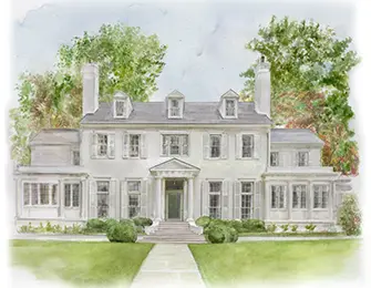 Watercolor painting of a large white colonial-style house with shutters and a green front door.