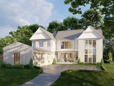 Modern white brick house with large windows and gray roof, surrounded by green trees.